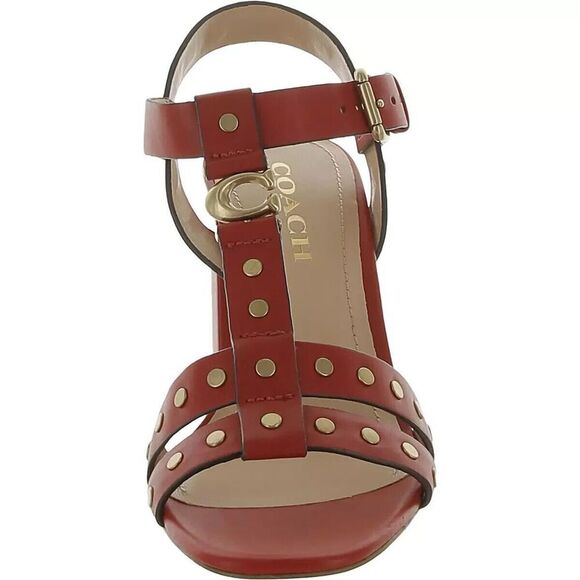 Coach Women's Sandals Margaret Leather Ankle Strap Open Toe Block Heel Red 7 B - Picture 5 of 8
